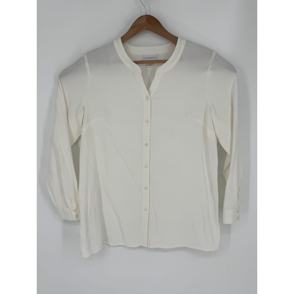 Liz Claiborne Rayon Blend Ivory Button Front Blouse Size Medium Lightweight B6
